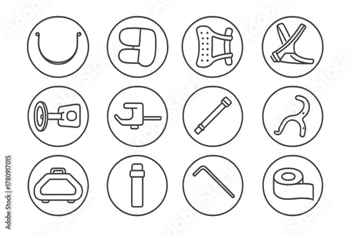Archery Equipment Icons. Line style icons of archery equipment in round shape: bow string, finger tab, arm guard, chest protector;