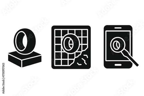 Digital Ice Sculpting Icons. Solid style icons of digital planning for ice art: 3D ice model icon, frost blueprint grid, engraving