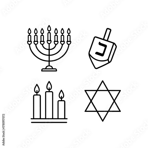 Hanukkah symbols line art icons including menorah dreidel star of david and candles
