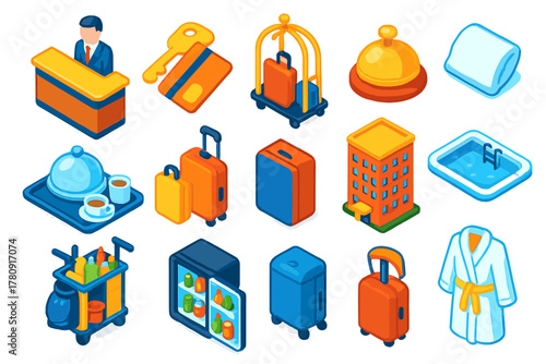 Colorful Hotel Icons. Isometric vector illustration set Hotel Service Icons: reception desk, room keycard, bellhop cart, concierge