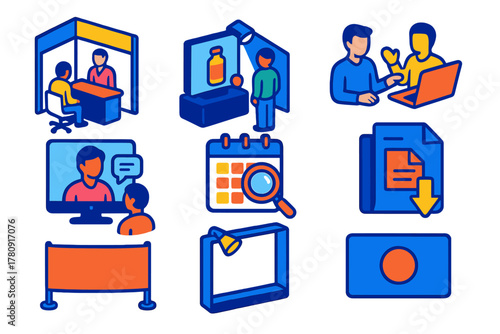 Virtual Expo Icons. Isometric vector illustration set Virtual meetings – virtual expo booth, product showcase icon, live demo icon