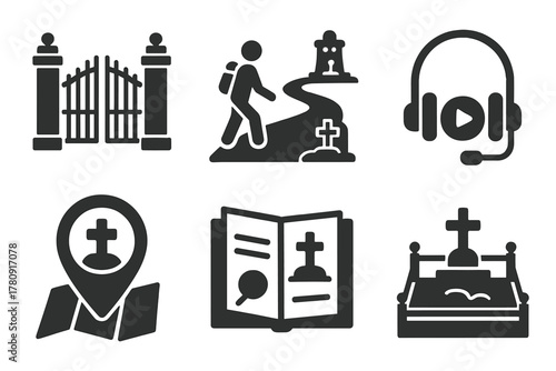 Cemetery Tourism Icons. Line style icons of Cemetery Tourism: open gate view, historic tour path, audio guide icon, cemetery icon