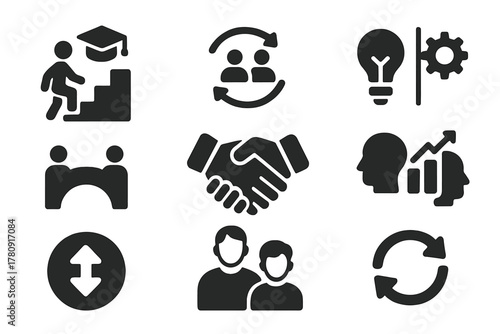 Skill Growth Icons. Solid style icons of skill gap closure: knowledge ladder glyph, mutual growth ring, experience meets