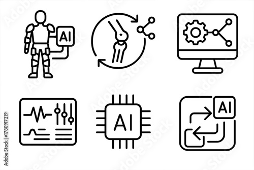 AI Exoskeleton Integration Icons. Line style icons of exoskeleton integration with AI: AI-powered exo suit, predictive movement