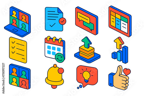 Online Collaboration Icons. Isometric vector illustration set Online Collaboration Icons: group video call, shared document, chat