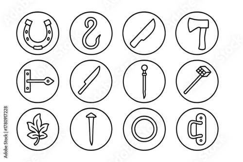 Forged Items Icons. Line style icons of forged items in round shape: horseshoe, iron hook, knife blade, axe head; gate hinge,