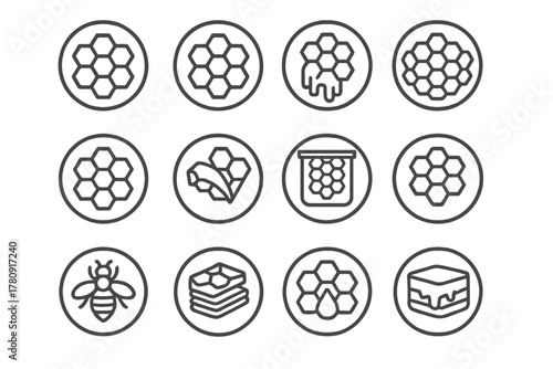Honeycomb Line Icons. Line style icons of honeycombs in round shape: hexagonal honeycomb, dripping honeycomb, full comb, empty