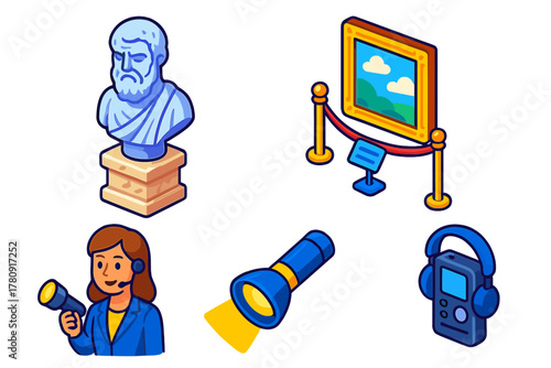 Classic Literature Exhibit. Isometric vector illustration set Classic literature – stoic statue, marble pedestal, museum exhibit;