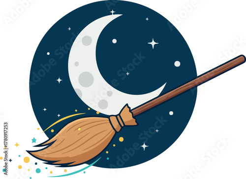 Witch's broom flying in front of the moon and stars.