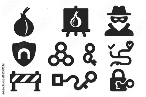 Dark Web Icons. Solid style icons of tor-access art platforms: onion browser symbol, hidden network canvas, anonymous access gate.