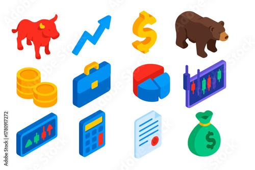 Trading Icons Collection. Isometric vector illustration set Trading Signals Icons: bull, bear, upward chart, dollar sign, coins