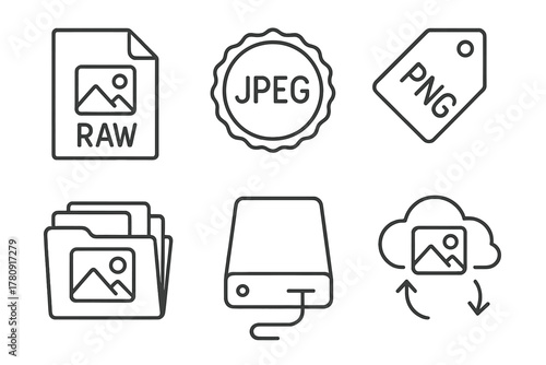Photo Formats Icons. Line style icons of photo formats and storage: RAW file icon, JPEG format badge, PNG image tag, photo folder