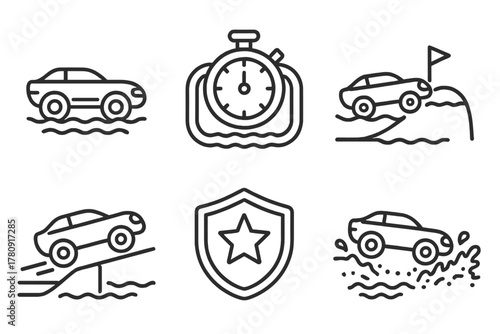 Amphibious Sports Icons. Line style icons of amphibious sports use: racing amphibious car, time trial water track, rally float