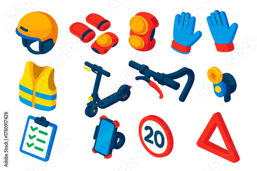 E-Scooter Safety Icons. Isometric vector illustration set E-Scooter Safety Icons: helmet, elbow pads, knee pads, gloves,