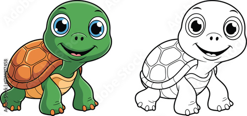 Cartoon baby turtle illustration, cute smiling reptile character, green shell animal drawing, coloring book page, kids activity vector art design template