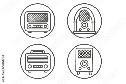 Vintage Radio Icons. Line style icons of vintage radio designs in round shape: tabletop radio, cathedral radio, suitcase radio,