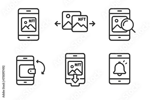 Mobile NFT Interaction Icons. Line style icons of mobile NFT photo interaction: smartphone NFT viewer, swipe photo tokens, zoom
