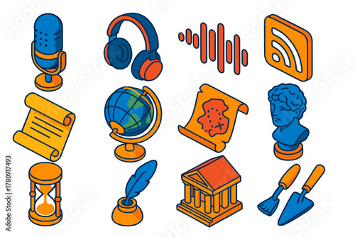 History Podcast Icons. Isometric vector illustration set History Podcast Icons: microphone, headphones, waveform, RSS feed icon,