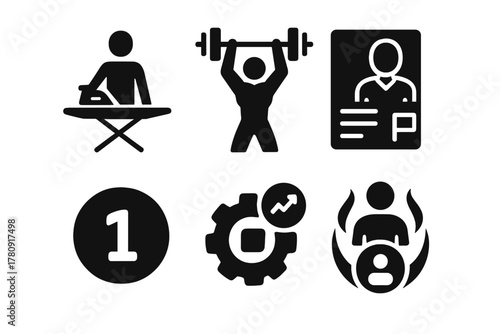 Competitor Icons Showcase. Solid style icons of competitor profiles: contestant with ironing board, press pose icon, athlete bio