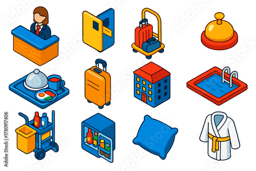 Colorful Hotel Icons. Isometric vector illustration set Hotel Service Icons: reception desk, room keycard, bellhop cart, concierge