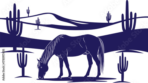 Silhouette of Horse Grazing in Desert Landscape with Saguaro Cacti eating