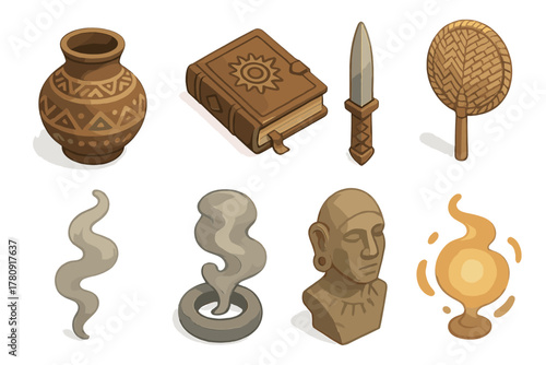 Cultural Ritual Artifacts. Isometric vector illustration set of Cultural rituals: ritual pot with markings, elder’s wisdom book,