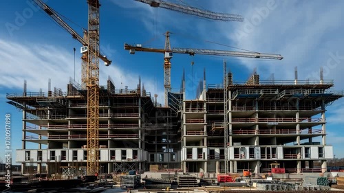 Wallpaper Mural Dynamic construction site with cranes building modern architecture against blue sky, capturing progress and urban development in action Torontodigital.ca