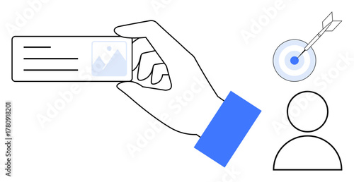 Hand holds an ID card with a profile image, next to a target and user icon. Ideal for identification, networking, personalization, employment, goal setting, business concepts branding. Simple flat