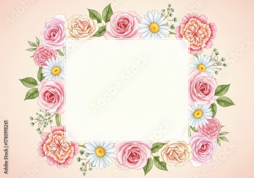 Square floral frame of pink roses and daisies on a soft background
