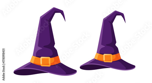 Two purple witch hats with orange ribbon bands are prominently displayed