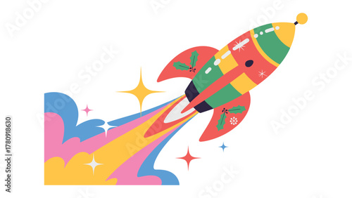 Rocket to New Heights: A colorful rocket soars through the sky, leaving a vibrant trail of colors, symbolizing adventure and boundless potential.