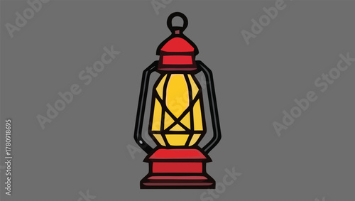 Vibrant vector illustration of a classic red and yellow oil lamp, depicting a vintage portable kerosene lantern as a symbolic light source for exploration, camping, and traditional ambiance