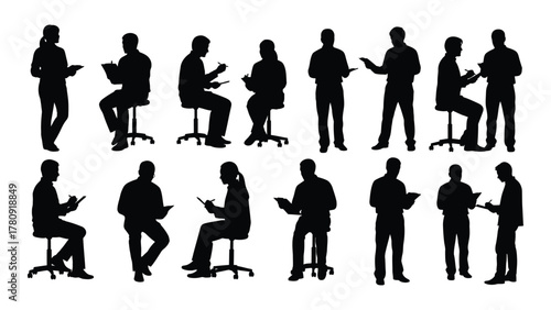 People writing and note-taking silhouettes isolated on transparent background, Vector