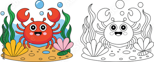 Cartoon crab underwater scene, happy smiling red crab illustration, coral reef coloring page, marine life vector, children educational activity art