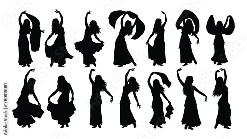 Belly dancer silhouettes isolated on transparent background, Vector
