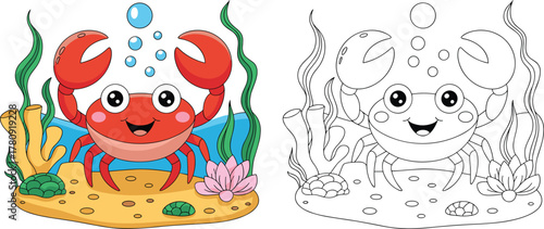 Cartoon crab character illustration, colorful underwater marine animal mascot, cute sea creature vector, outline drawing for kids coloring book design