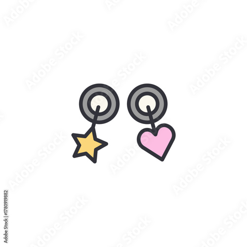 Double circular headband accessory icon with star and heart charm drops, trendy pastel style, cute girly fashion accessory element for creative vector design collections.