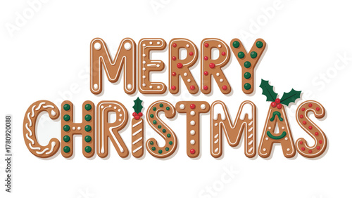 Christmas Gingerbread Delight: Festive gingerbread cookies spell out 'Merry Christmas,' adorned with colorful icing and festive holly accents.