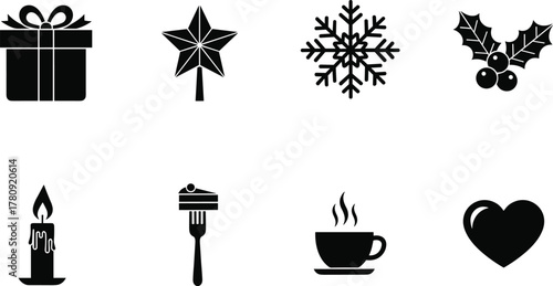 Christmas holiday vector icons silhouette set, gift box, star shape, snowflake, holly berries, candle, coffee cup, cake slice, heart symbol