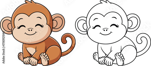 Cartoon baby monkey illustration sitting with curled tail, cute animal drawing, children coloring page outline, jungle vector artwork, educational kids activity design asset