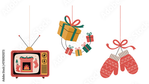Festive ornaments: a vintage television, gift boxes and gloves, each suspended with care, embodying the warmth of the holiday season.