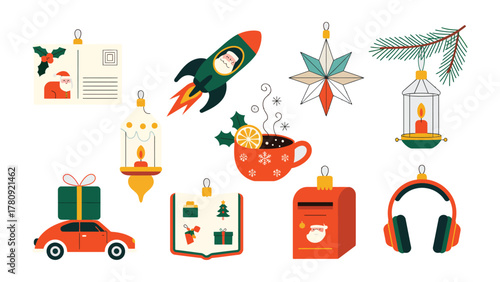 Christmas Decorative Collection: A delightful arrangement of festive ornaments and objects, each conveying the joy and wonder of the holiday season. The image captures the essence of Christmas.