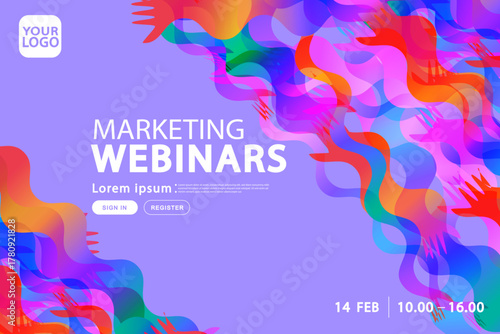 A website landing page template for marketing webinars, featuring vibrant abstract fluid shapes. This UI design concept is for online events, registration, or business conferences.