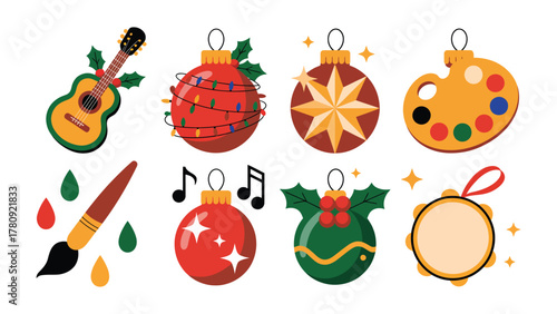 Festive Ornaments of Joy: A collection of vibrant Christmas ornaments, each adorned with symbols of music, art, and holiday cheer, bringing a playful spirit of the season.