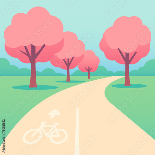 Minimal vector illustration of a spring bike path surrounded by pink blossom trees and soft pastel scenery. Perfect for eco design, travel posters, lifestyle blogs, and outdoor concepts