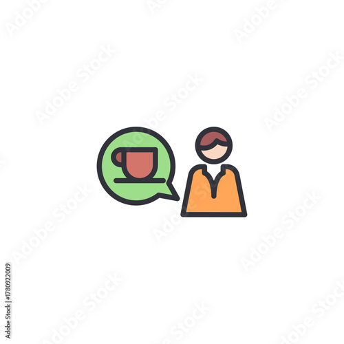 Small tea leaf speech bubble icon with character figure, pastel outline vector, suitable for discussion theme, tea community engagement illustration and communication concept.