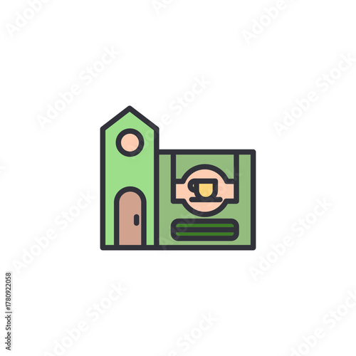 Tea shop or house building icon with cup label signboard, pastel flat vector, suitable for café location illustration, retail beverage store concept, modern cute symbol.