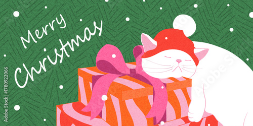 Christmas greeting banner, horizontal poster. Cute cat in Santa hat with gifts. Hand drawn illustration for postcard, cover. 