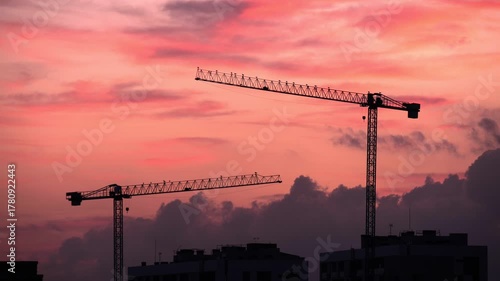 Silhouettes of construction cranes against a vibrant sunset sky. The scene captures the essence of urban development and industrial growth.