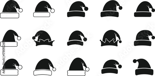 Christmas Santa hats collection, festive holiday headwear icons, winter pompom hat variations, decorative seasonal costume design, holiday celebration graphic illustration